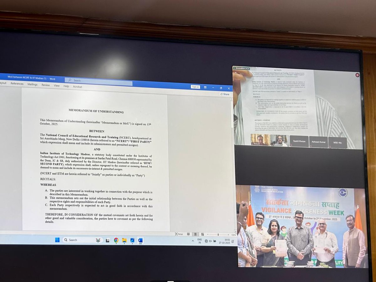 EduMinOfIndia's tweet image. On 27th October 2025, @ncert and @iitmadras, under the aegis of the Ministry of Education, Government of India, signed a Memorandum of Understanding (MoU) to strengthen educational research, development, training and technology integration as a significant step toward innovation…