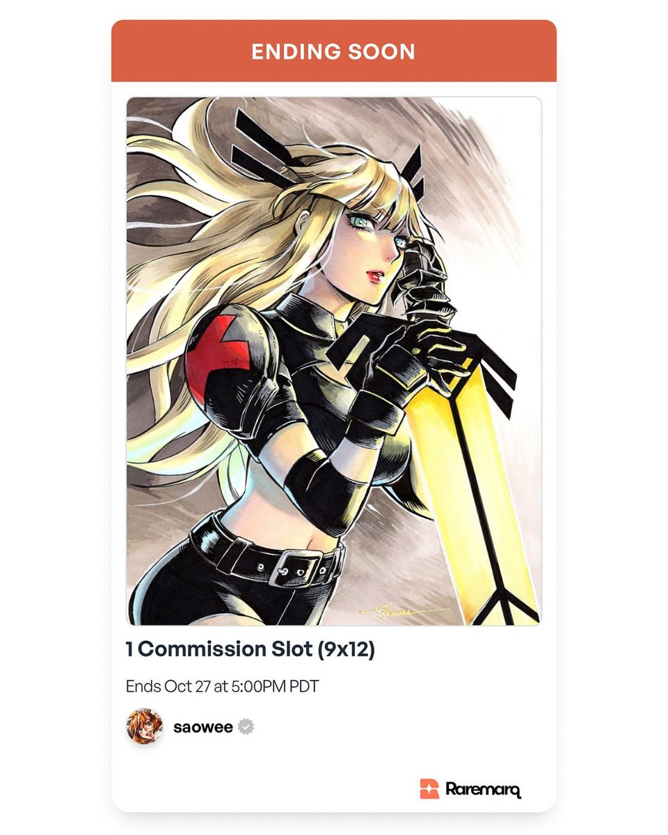 raremarq's tweet photo. Last day to bid on a 9x12 commission slot with the amazing DC and Marvel cover artist, @_saowee! Don’t miss your chance to bid!
https://t.co/NgbaNAJdeW
#saowee #raremarq #commissionart #marvel #dccomics #originalart #sketchart https://t.co/e3TEi2tncO