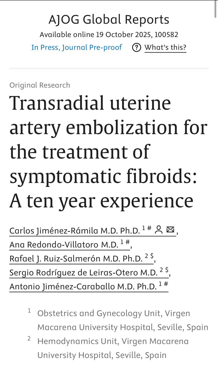 Ginemacarena's tweet photo. Estamos encantados de compartir que el trabajo de la Unidad de Miomas ha sido reconocido con la publicación en la prestigiosa @AjogGlobal de la experiencia de los diez primeros años con las embolizaciones por vía transradial. Gracias @EndovasMaca por el gran trabajo en equipo. https://t.co/YtBYtlhz9M