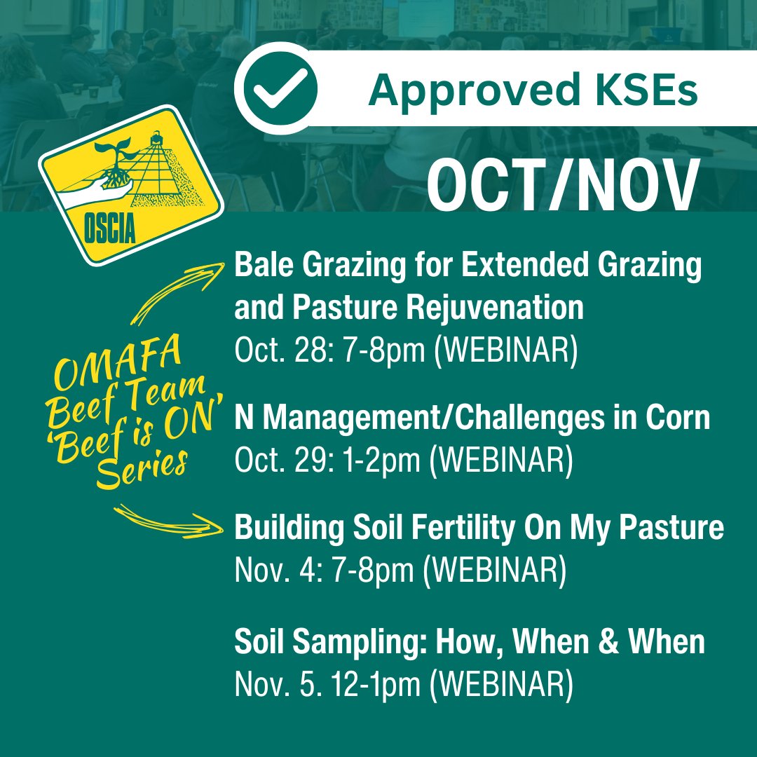 Oct/Nov KSEs:

> Bale Grazing producer panel w/Christine O’Reilly on benefits, pitfalls &amp; practical tips and tricks
> Dr. Dan Quinn dives into nitrogen management in corn systems &amp; why it remains a challenge 
> Building Soil Fertility: presented by Colin Elgie, OMAFA Soil