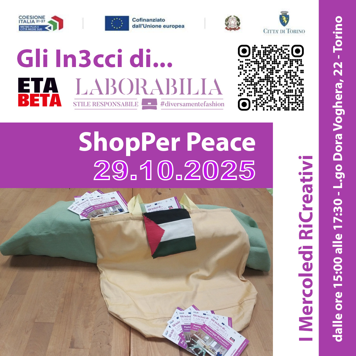 #SaveTheDate 29 ottobre  ore 15.00 - 17.30 in L.go Dora Voghera, 22 a #Torino.
#MercolediRicreativi: ShopPer Peace
Un incontro speciale, dedicato a parole e gesti e per la pace. Presso il nostro Atelier #diversamentefashion Laborabilia.
#cucitocreativo #economiacircolare