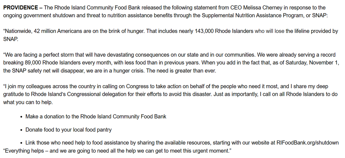 With SNAP benefits set to end Nov. 1, <a href="/RIFoodBank/">RI Food Bank</a> CEO Melissa Cherney says, "We are in a hunger crisis," and asks for donations to food bank and local food pantries.