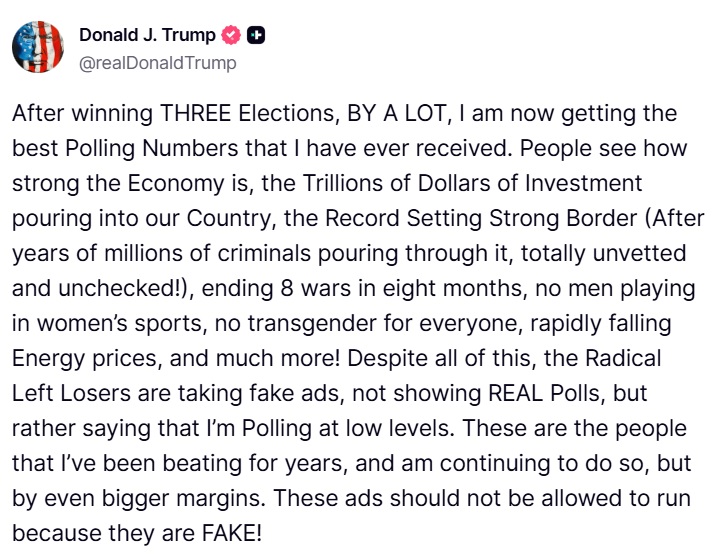 Donald J. Trump Truth Social Post 04:03 AM EST 10/27/25