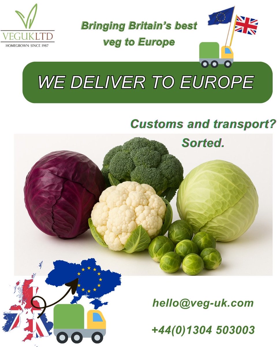 veg_uk's tweet photo. 🇬🇧➡️🇪🇺 Fresh UK fruit &amp; veg — delivered with ease.

At VEG UK LTD, we export top-quality produce across Europe. 🍎🥦

We handle transport and customs, so your fresh supply arrives hassle-free and ready to sell.

📞 01304 503003 | ✉️ hello@veg-uk.com https://t.co/FBhlkRLNe7