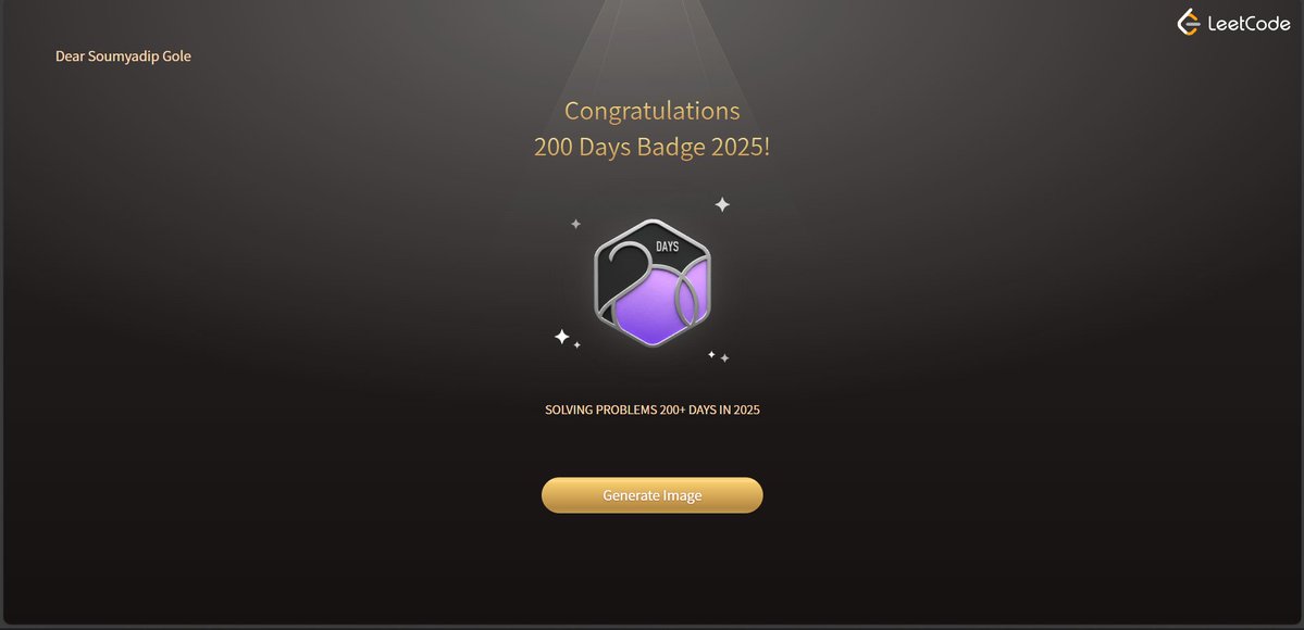 _Soumyadip_22's tweet image. 200 days of LeetCode 💻
Trying to stay consistent!
#LeetCode #100DaysOfCode