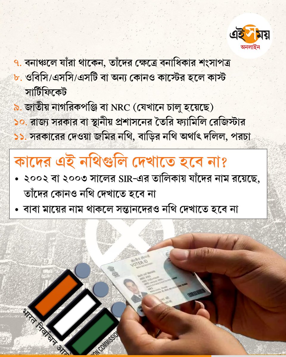 Ei_Samay's tweet photo. SIR-এর জন্য যে যে নথি আবশ্যক...

#WestBengalNews #sir #ElectionCommission #importantdocuments #AssemblyElections #EiSamay #eisamayonline https://t.co/Vt1LJm4t7L