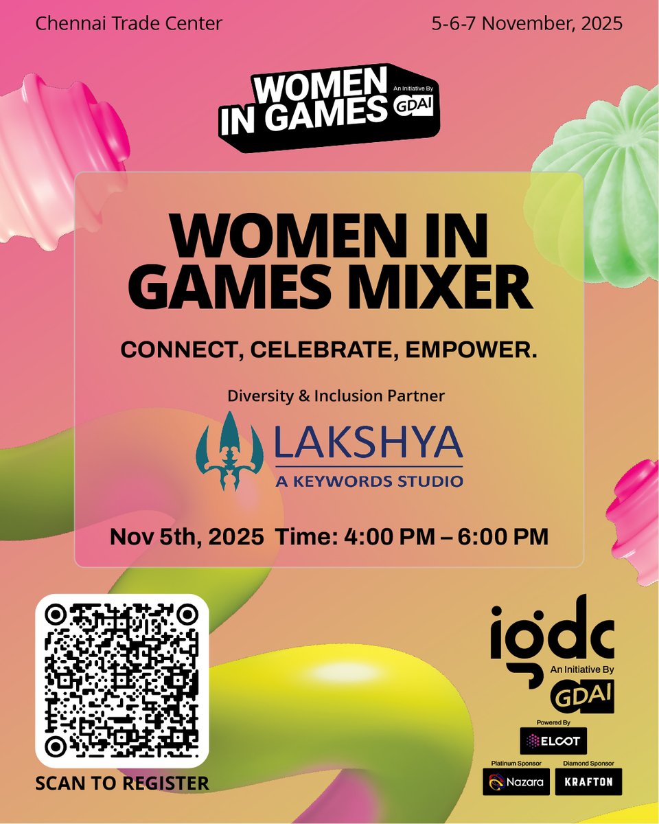 ✨ IGDC 2025 Women in Games Mixer ✨

Join us for an inspiring evening celebrating women and diverse voices in gaming — with tea, snacks, and great conversations!

🗓️ Date: November 5, 2025
🕓 Time: 4:00 PM – 6:00 PM
📍 Venue: Chennai Trade Centre

Whether you’re a pro, student,