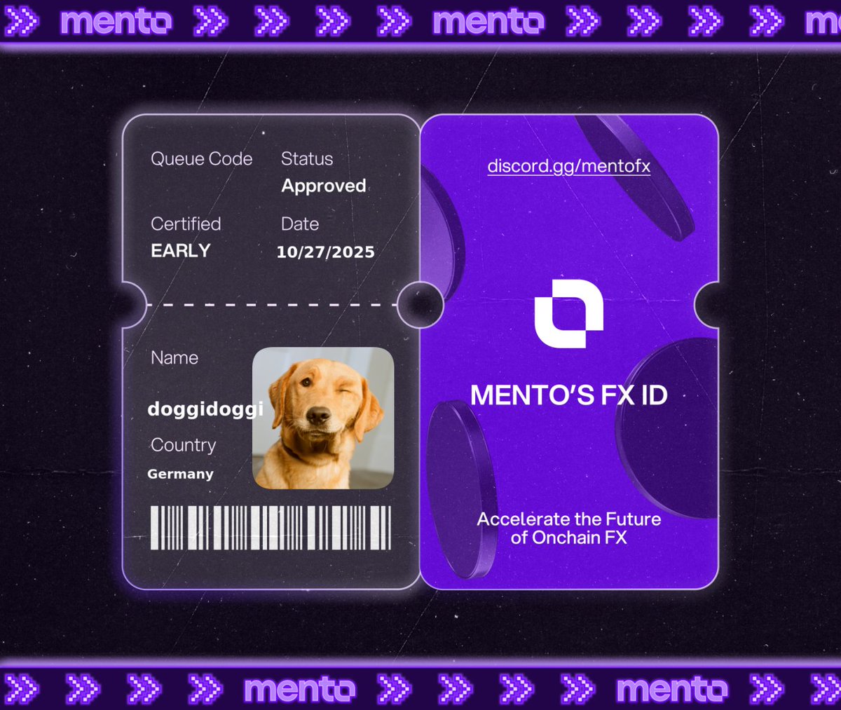 Debbiewll's tweet photo. Licensed to trade the internet’s FX layer. 

Claimed my FX ID on https://t.co/JmtJ61gIc6 

 every currency, onchain with @MentoLabs https://t.co/NJ4cZptBFx