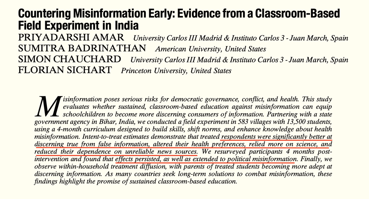 Education KEY in fight against bunk! 💪

Study: Countering #Misinformation Early.

"...respondents were significantly better at discerning true from false information, altered their health preferences, relied more on science, &amp; reduced their dependence on unreliable news..."