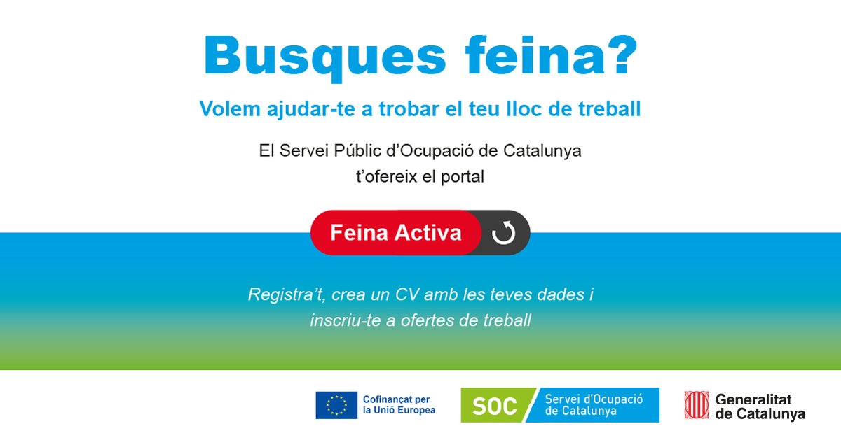 📌Busques feina?

🎯Troba-la a Feina Activa!

Tenim més de 10 .000 ofertes de #feina esperant-te. 

👉🏻 feinaactiva.gencat.cat/home