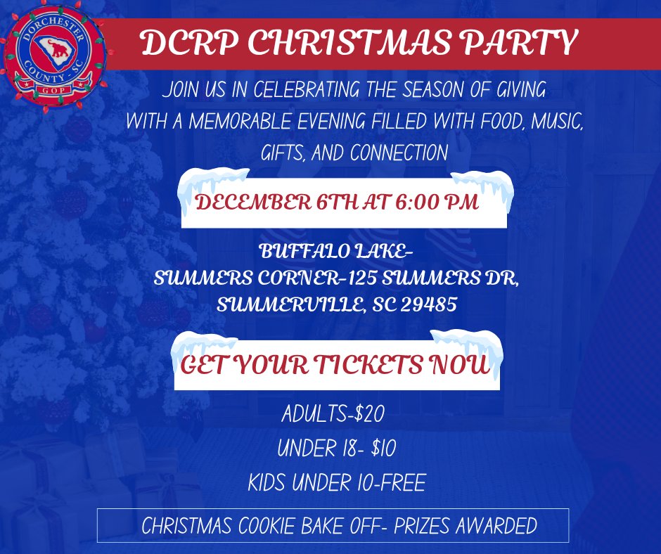 🎄It’s that time (almost)! 🎄
We’re excited to announce that tickets are now live for our Dorchester County Republican Christmas Party!
 📆December 6th at 6 PM
 📍Buffalo Lake – Summers Corner
125 Summers Dr, Summerville, SC 29485

Join us for a festive evening of great food,