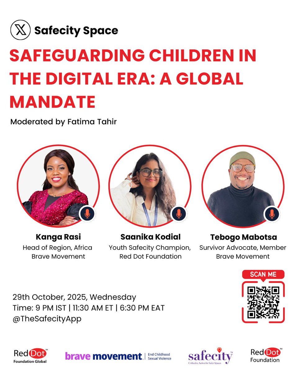 TheSafecityApp's tweet image. Click. Scroll. Exploit. It’s Time to Break the Cycle.👊

Ahead of the #G20SouthAfrica, join us for a powerful conversation featuring survivor advocates &amp;amp; youth leaders driving change accross the globe. 

🗓️Oct 29 |⏰9 PM IST 
🔗Set a reminder: bit.ly/496EJ1H
