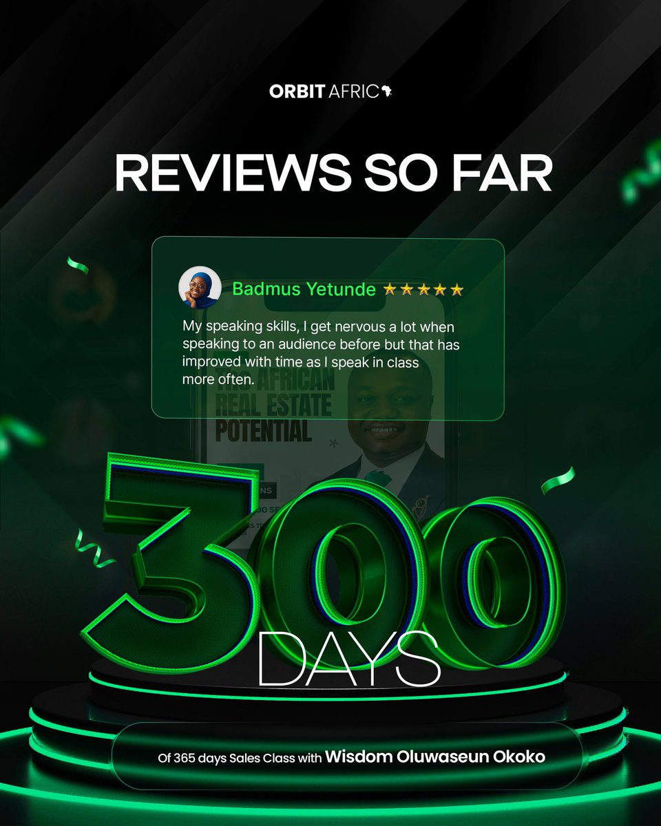 It’s Day 300! 🎉

We celebrate our coach, Mr. Wisdom Oluwaseun Okoko and the entire Team for 300 days of inspiring and empowering youths across Africa.

From boosting confidence to unlocking opportunities in the African real estate space, the impact has been transformative.