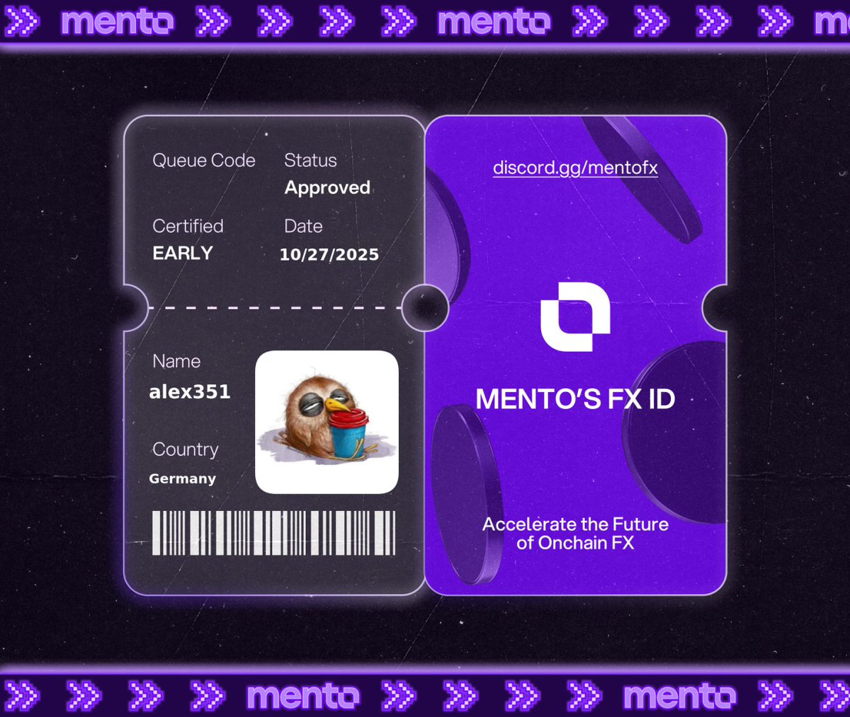 Lexjee1's tweet image. Licensed to trade the internet’s FX layer. 

Claimed my FX ID on discord.gg/mentofx 

 every currency, onchain with @MentoLabs