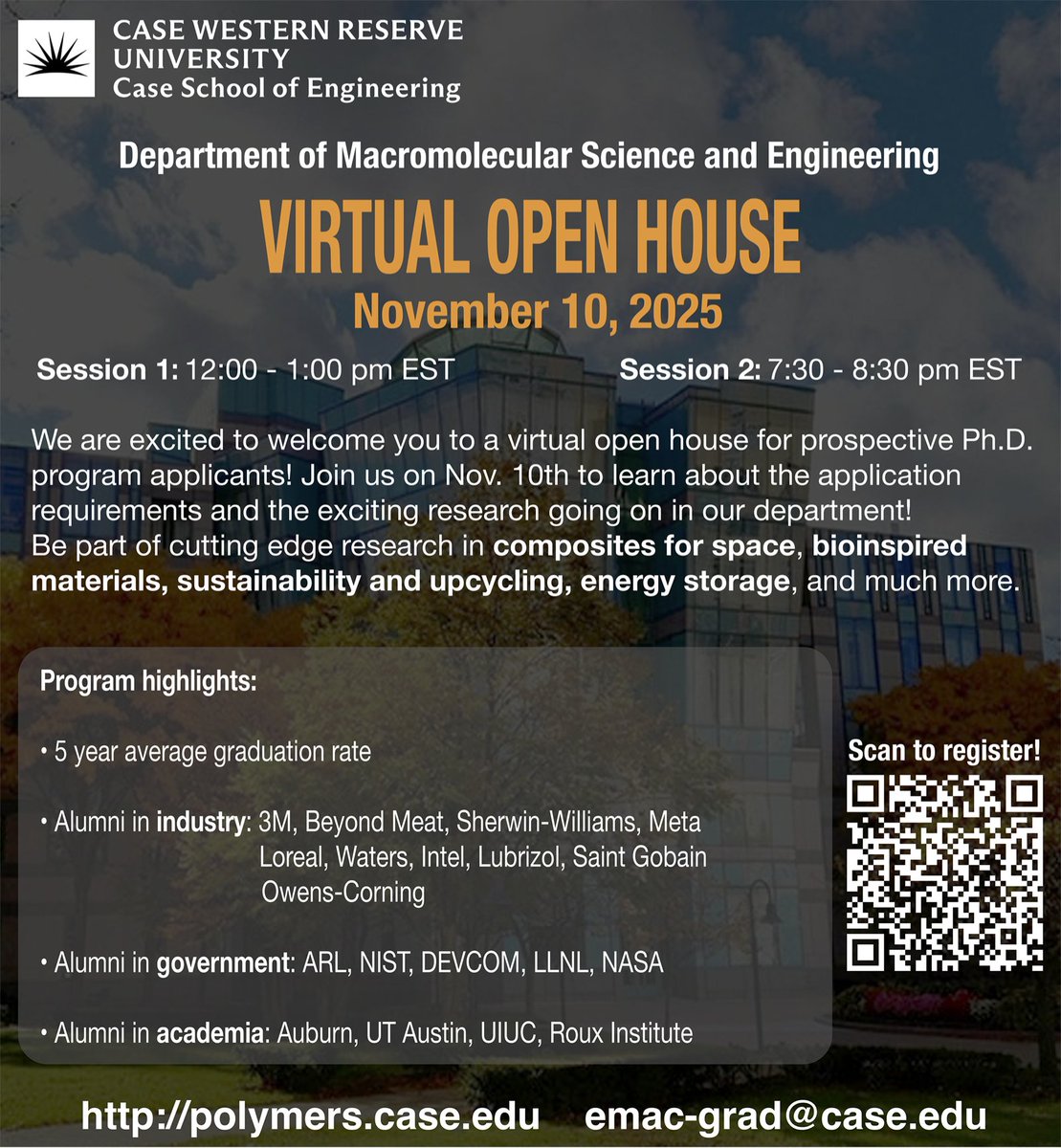 Are you a potential grad student excited about the cutting-edge of research in polymers and soft materials?
<a href="/CWRUMacro/">CWRU Macromolecular Science & Engineering</a>
is hosting a virtual Open House on November 10th at: 1. 12:00-1:00 PM EST 2. 7:30 - 8:30 PM EST Register for Zoom link: lnkd.in/gZXcCJdgRTs appreciated.