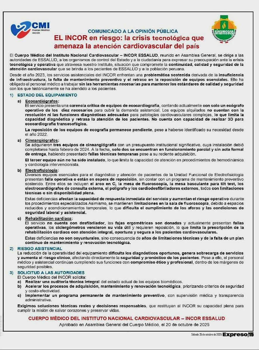 🚨EL INCOR CRISIS
Grave deterioro tecnológico pone en riesgo la atención cardiovascular en el principal centro cardiológico del país.Desde SINAMSSOP respaldamos al Cuerpo Médico del INCOR y exigimos medidas urgentes a EsSalud.💔La salud de los peruanos no puede esperar.#ESSALUD