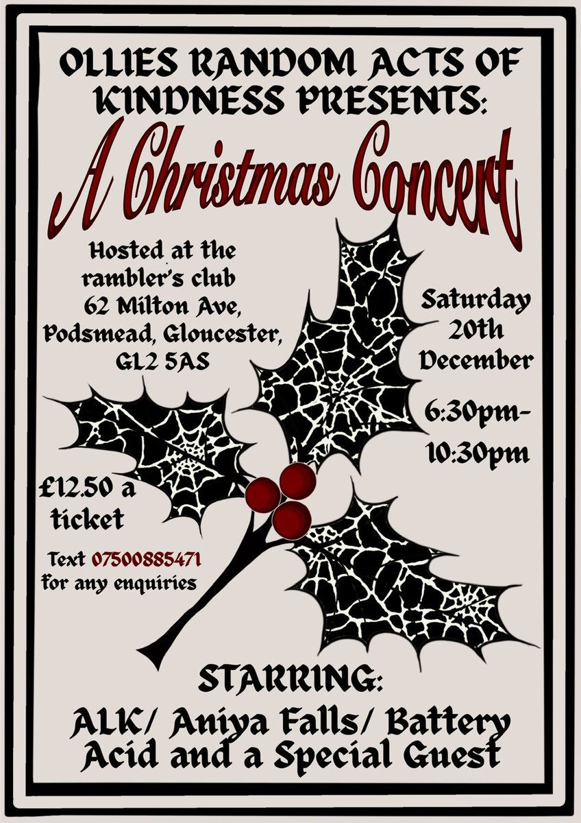 Ollie’s Random Acts of Kindness presents a day of music + community in Gloucester!

📍 The Ramblers Club, Podsmead
📅 Sat 20 Dec
🕚 Networking: 11am–4pm
🎸 Concert: 6:30–10:30pm

#GloucesterMusic #AltRock #LiveMusic #NetworkingEvent #ChristmasConcert