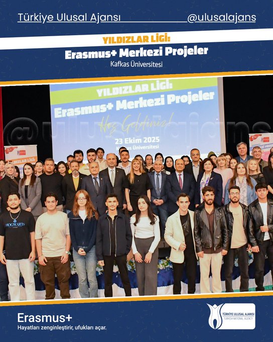 Group photo of diverse participants including men and women in formal attire such as suits jackets and dresses standing together in front of a large screen displaying Yıldızlar Ligi Erasmus+ Merkezi Projeler Kafkas Üniversitesi and Erasmus+ logo with Turkish flag elements and event details for 2025 at an indoor venue. Close-up of a bald man with glasses in a dark suit and green tie speaking at a podium against red curtains. Woman with curly hair in a dark blazer gesturing while speaking at a podium with a laptop screen showing text banners for Yıldızlar Ligi Erasmus+ and Turkish flag in the background against red curtains.