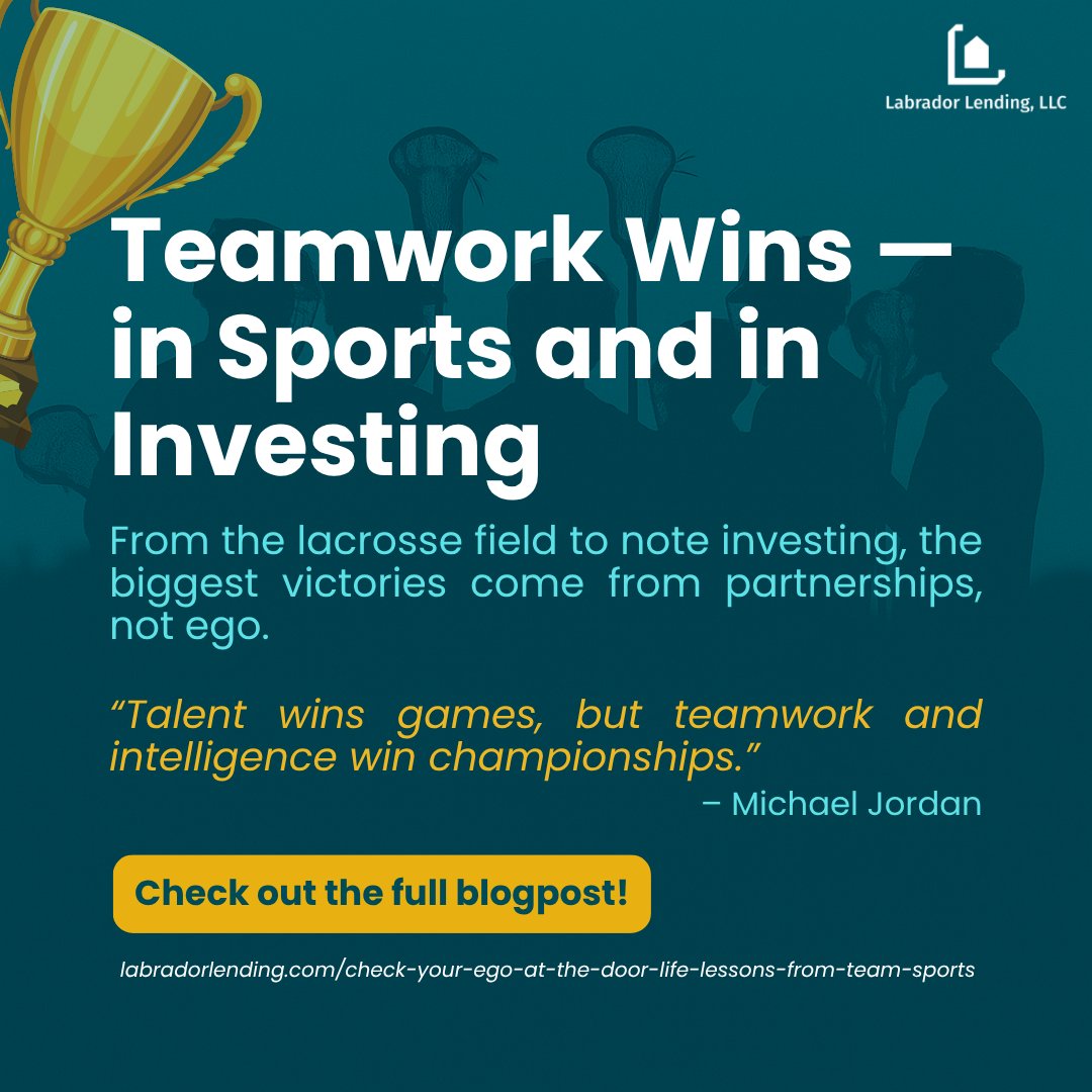 LabradorLending's tweet image. 📖 Teamwork Wins—In Sports and in Investing
From the lacrosse field to note investing, the biggest victories come not from ego, but from teamwork.

📖 Check out the full blogpost:
👉 labradorlending.com/check-your-ego…

#Teamwork #NoteInvesting #Mindset #Partnerships #LabradorLending