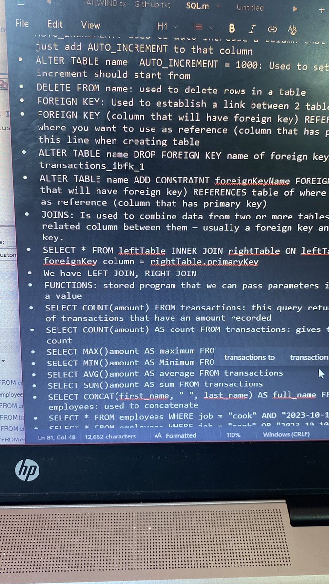 chillwCeCe's tweet image. Day 3 of learning SQL using mySQL workbench
• Learnt about PRIMARY KEY & FOREIGN KEY constraints 
• Learnt about AUTO_INCREMENTS 
• Learnt about JOINS, LEFT JOIN & RIGHT JOIN
• Learnt about FUNCTIONS like COUNT, MIN, MAX, AVG etc 
• Learnt about AND, OR, NOT, BETWEEN, IN etc