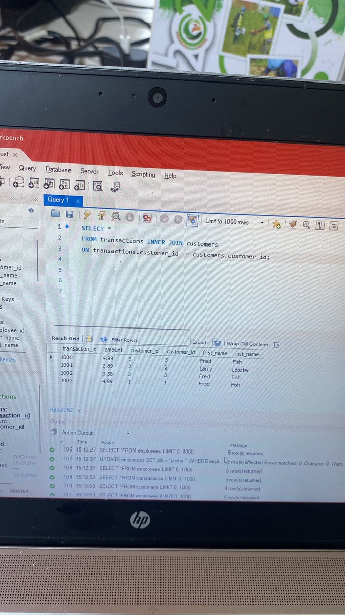 chillwCeCe's tweet image. Day 3 of learning SQL using mySQL workbench
• Learnt about PRIMARY KEY & FOREIGN KEY constraints 
• Learnt about AUTO_INCREMENTS 
• Learnt about JOINS, LEFT JOIN & RIGHT JOIN
• Learnt about FUNCTIONS like COUNT, MIN, MAX, AVG etc 
• Learnt about AND, OR, NOT, BETWEEN, IN etc