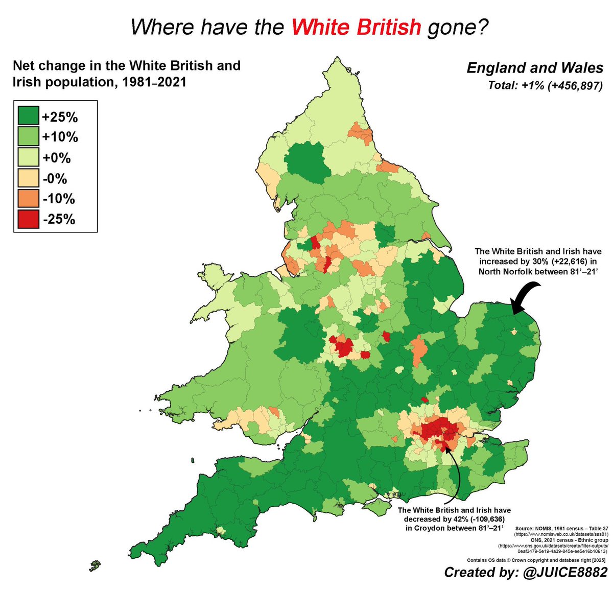 In absolute terms, the White British population of London, Manchester and Birmingham has fallen by over 25% since 1981.

As of the 2021 census, all three cities are now minority White British.

White British %

Birmingham - 43%
Manchester - 49%
London - 37%

Credit to <a href="/juice8882/">JUICE</a>