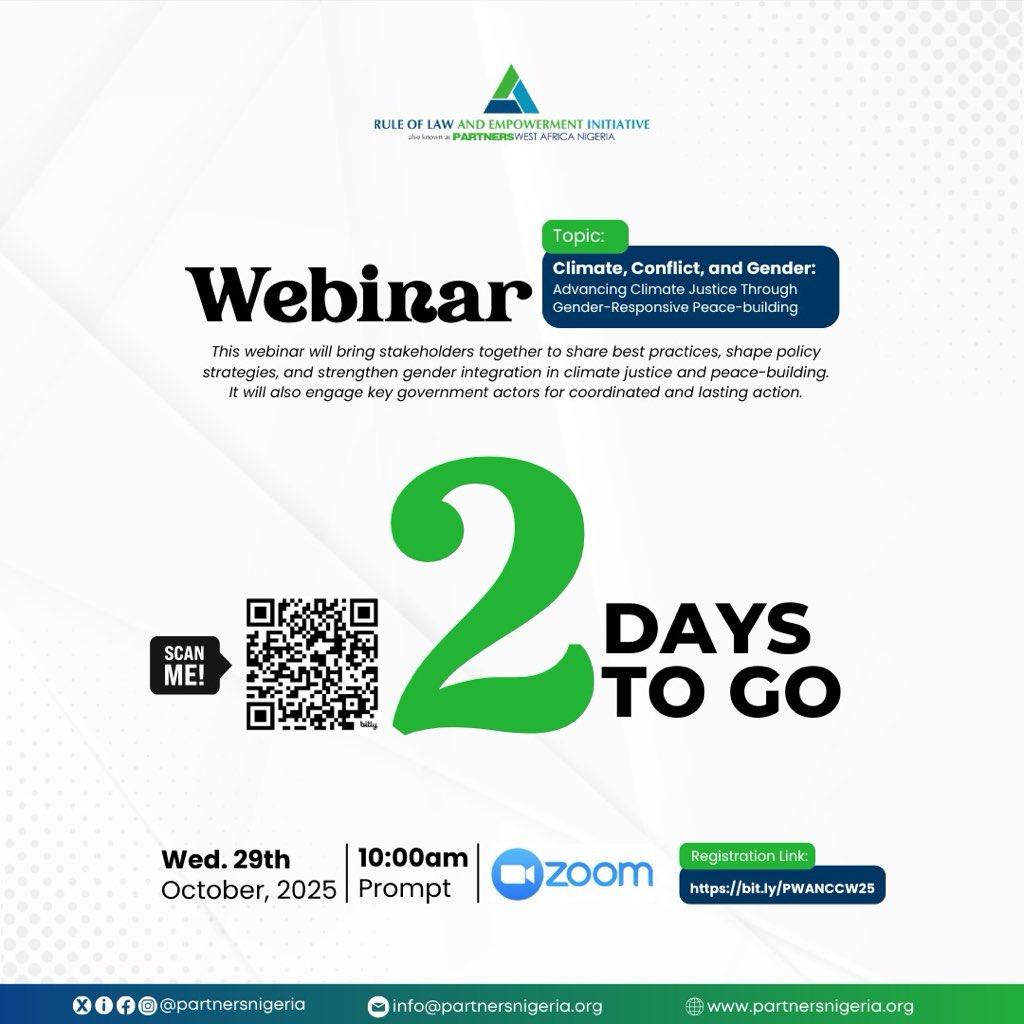 partnersnigeria's tweet image. We have 2 DAYS TO GO!

Join us for an insightful Webinar on “Climate, Conflict, and Gender: Advancing Climate Justice Through Gender-Responsive Peace-building.”

🗓 Wed. 29th Oct, 2025
🕙 10:00am Prompt
📍On Zoom
🔗 Register here: bit.ly/PWANCCW25

#PWAN #Webinar…