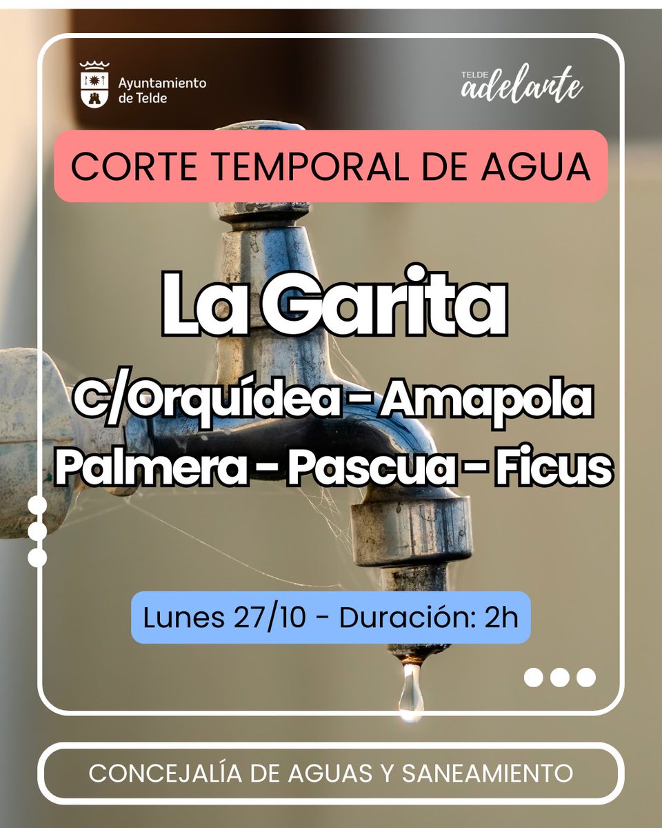 ‼⚠📣El Ayuntamiento de Telde informa sobre EL CORTE DEL SUMINISTRO DE AGUA, DURANTE 2 HORAS, en La Garita.

🚧Calles afectadas: Orquídea, Pascua, Amapola, Ficus y Palmera

❌💧El parón temporal, durante la tarde de este lunes, se debe a a una avería en la red de distribución.