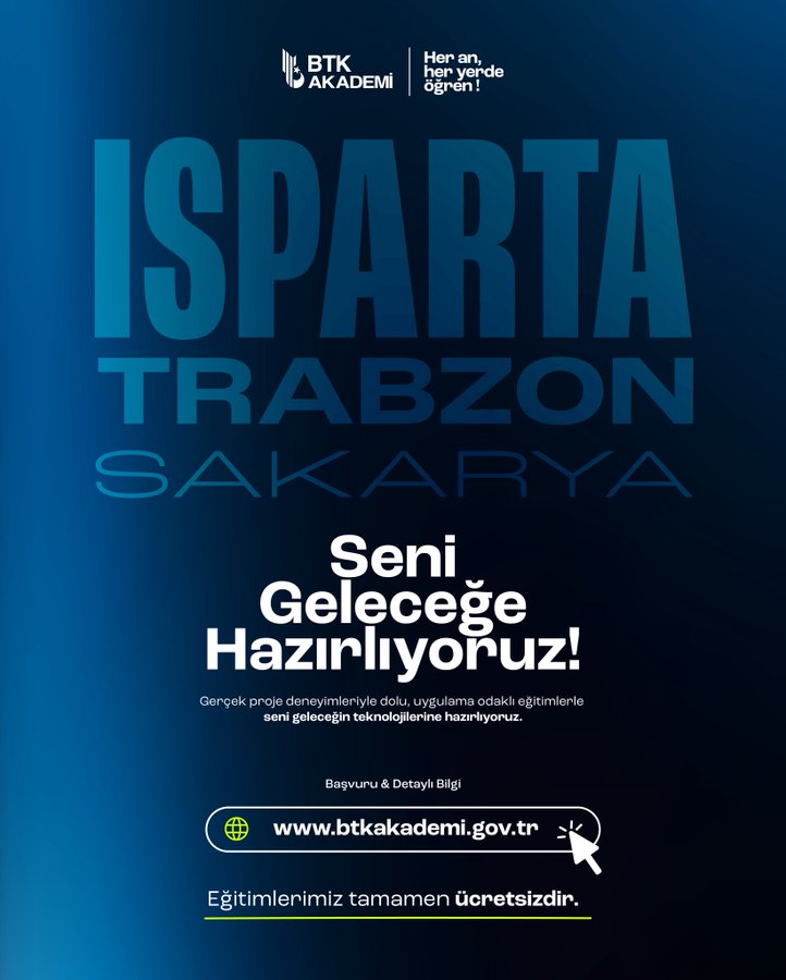 Blue-themed promotional graphic with BTK Akademi logo at top left and her yerde her yerde text. Large text sections highlight Isparta with game controller icon, Trabzon with lock icon, Sakarya with art palette icon. Central bold text reads Seni Geleceğe Hazırlıyor meaning preparing you for the future. Footer includes volunteer trainer mention, website www.btkakademi.gov.tr, and note that events are completely free.