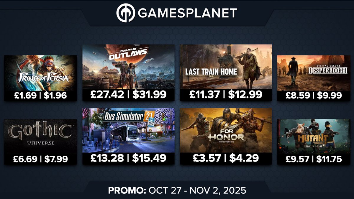 GamesplanetUK's tweet image. Head to a galaxy far far away, ride trains and buses with new weekly deals on #StarWarsOutlaws, #BusSimulator21, #LastTrainHome, #FORHONOR, #Gothic and much more! 😊

🚂gamesplanet.com/games/offers/w…
Deals end Nov 2nd at 1am PT / 9am GMT