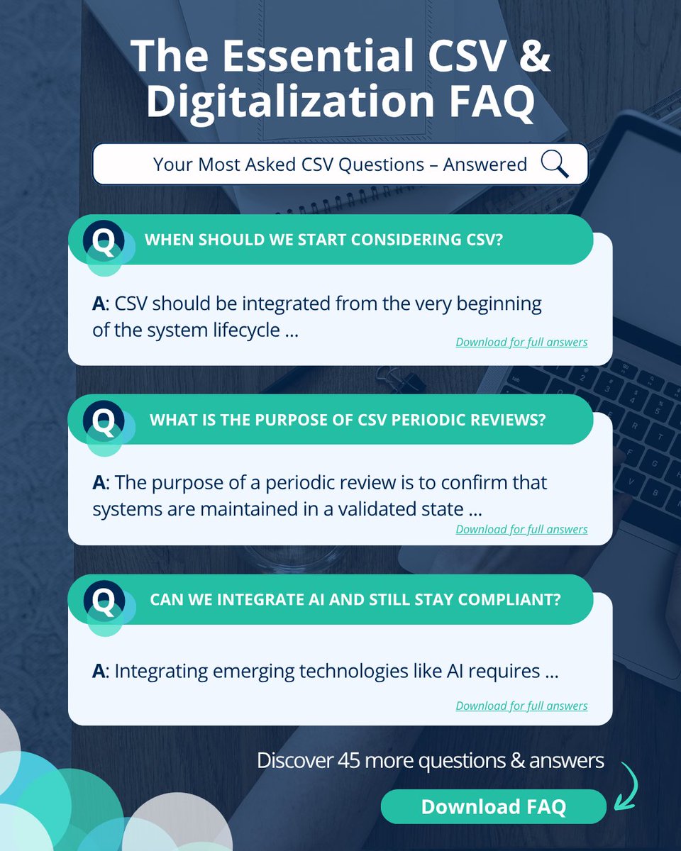 QbDGroup's tweet photo. We receive questions about Computer System Validation (CSV) every single day, from clients, partners, and industry experts alike. We’ve put together a practical FAQ guide with 45+ questions from the field.

🔗 Download: https://t.co/nfWK8MyDQk

#CSV #Digitalization #FAQ https://t.co/nmMPEDnxuv
