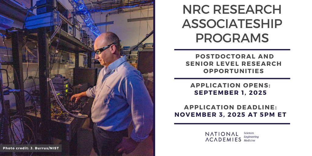 Applications for #Postdoctoral and #Senior #researchers are still open, but the deadline is approaching fast! Apply before November 3, 2025 at 5 PM ET for <a href="/theNASEM/">National Academies</a> #NRC #Research Associateship Programs: ow.ly/xXT450WVp3o