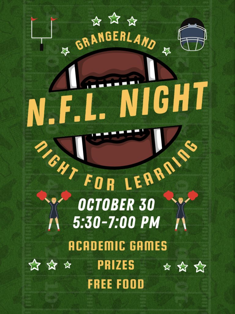Please join Grangerland Intermediate for N.F.L. night! A Night For Learning! So come on out for food🌭 , games🏈, and fun🎉!