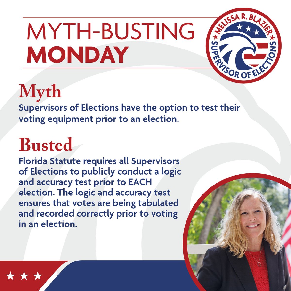 CollierVotes's tweet photo. It's Myth-Busting Monday! 👊💥

Remember: Fla. Stat. requires all Supervisors of Elections to publicly conduct a logic and accuracy test prior to EACH election. These tests ensure that votes are being tabulated and recorded correctly prior to voting in an election.

#CollierVotes https://t.co/OyKlsVBBAR