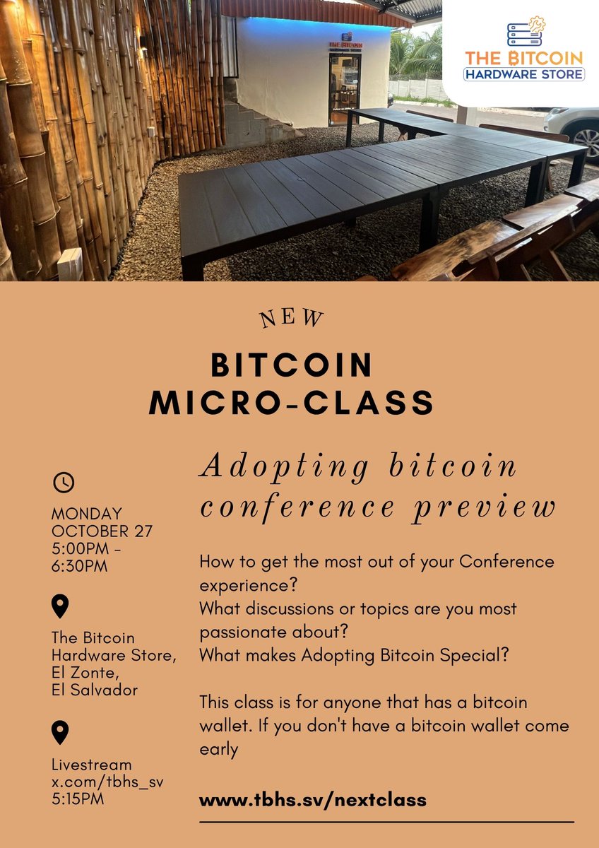 tbhs_sv's tweet image. Join us today for a special class.  With only 18 days left for the Adopting Bitcoin Conference, we want to give a small preview of what is to come.  Get to know some of the speakers of @AdoptingBTC 

5pm live on X in in person at our store in El Zonte