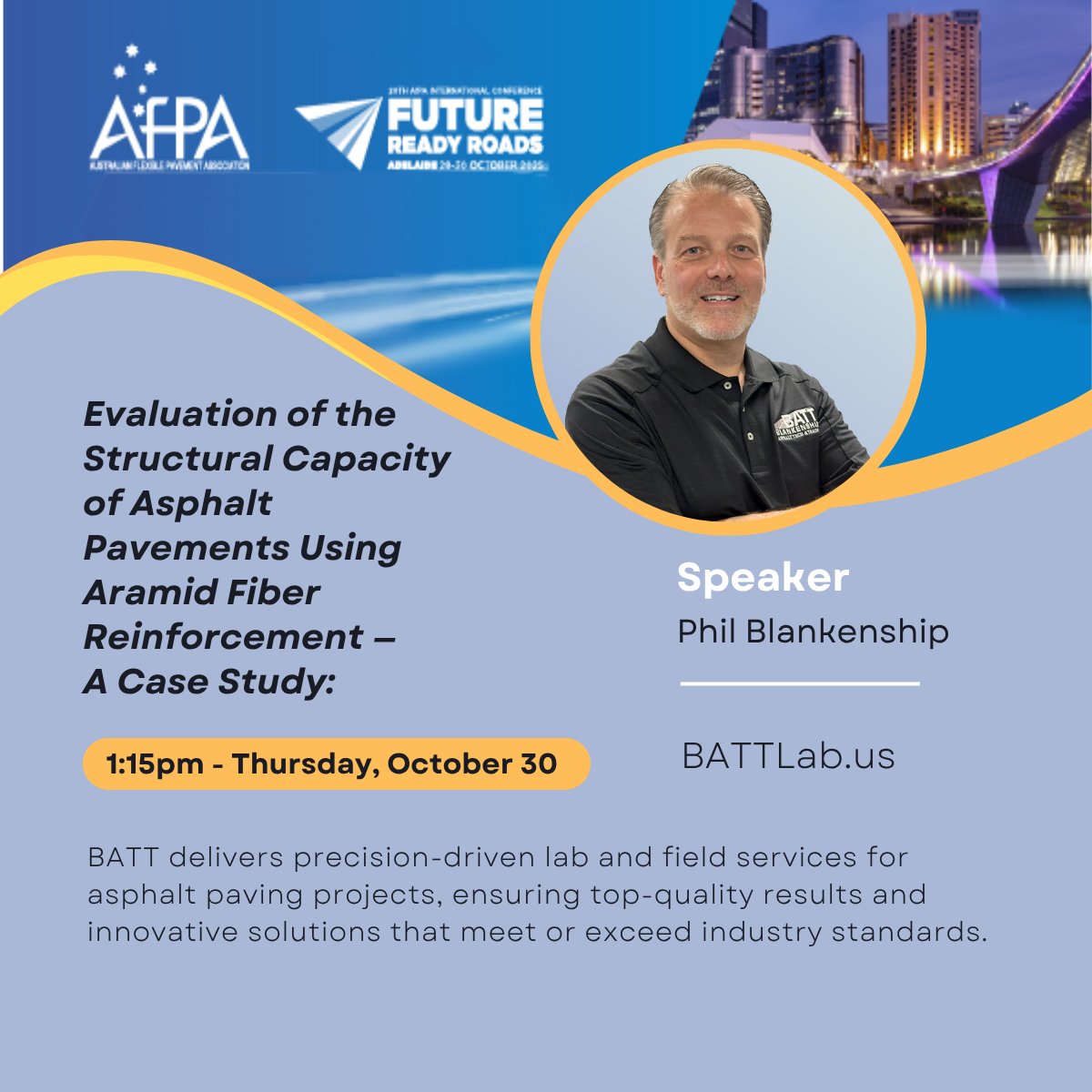 It's great to be in Adelaide this week for the @AfPA 20th International Future Ready Roads Conference, where I’ll present a case study on aramid-reinforced asphalt pavements and their impact on performance. Details here: afpa2025conference.com
#BATTLab #labtopavement