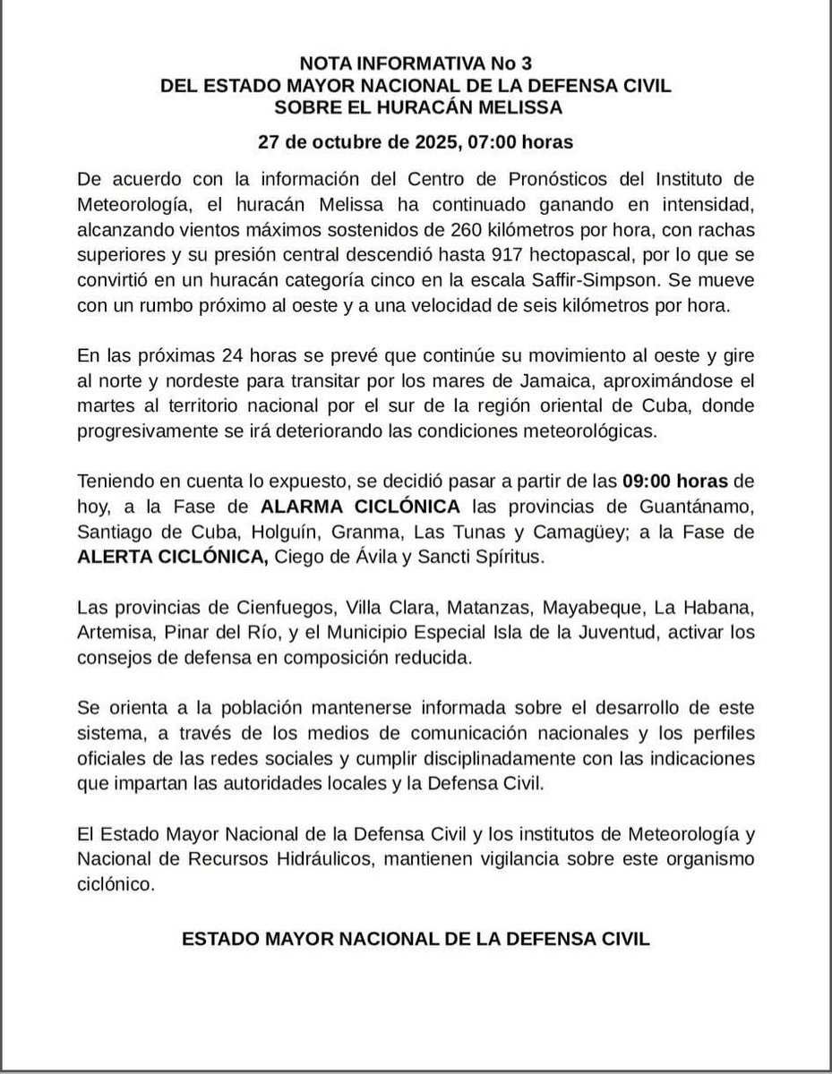 care_cuba's tweet photo. Decretada #FasedeALARMA ciclónica para el Oriente cubano.
.
.
.
.
#CAREenCuba #HuracánMelissa #huracan #alarmaciclónica https://t.co/dmDMcna8hh