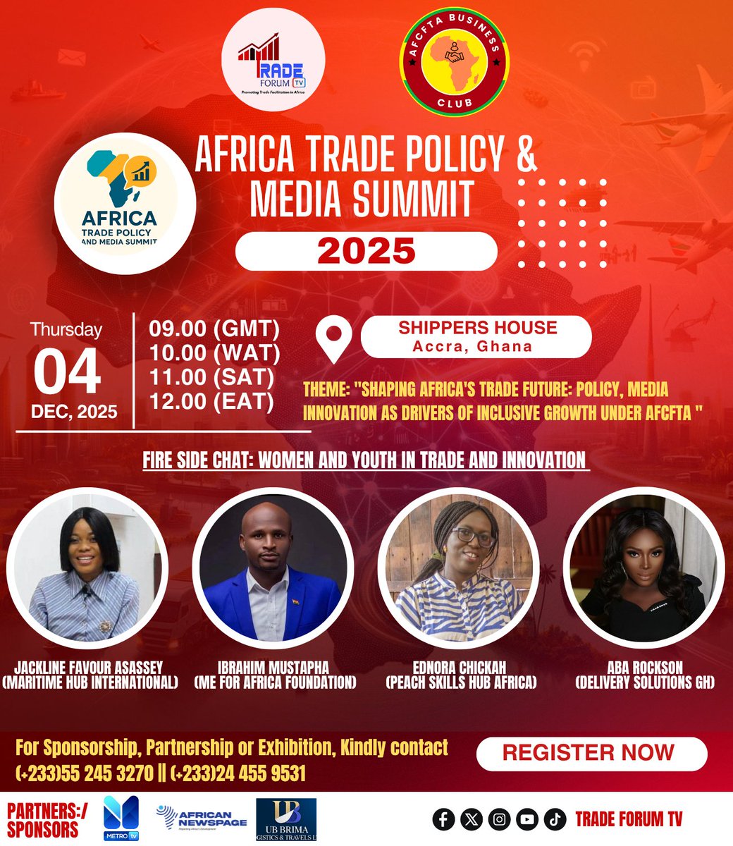 Meet our inspiring fireside speakers at <a href="/ATPMS_/">Africa Trade Policy and Media Summit</a> 2025 as they ignite powerful conversations on Women and Youth in Trade Innovation — shaping the future of Africa’s trade landscape!"
📅 December 4, 2025
🏢 Ghana Shippers' House, Accra 
📎 docs.google.com/forms/d/1D7Otm…
#ATPMS2025 #Afcfta