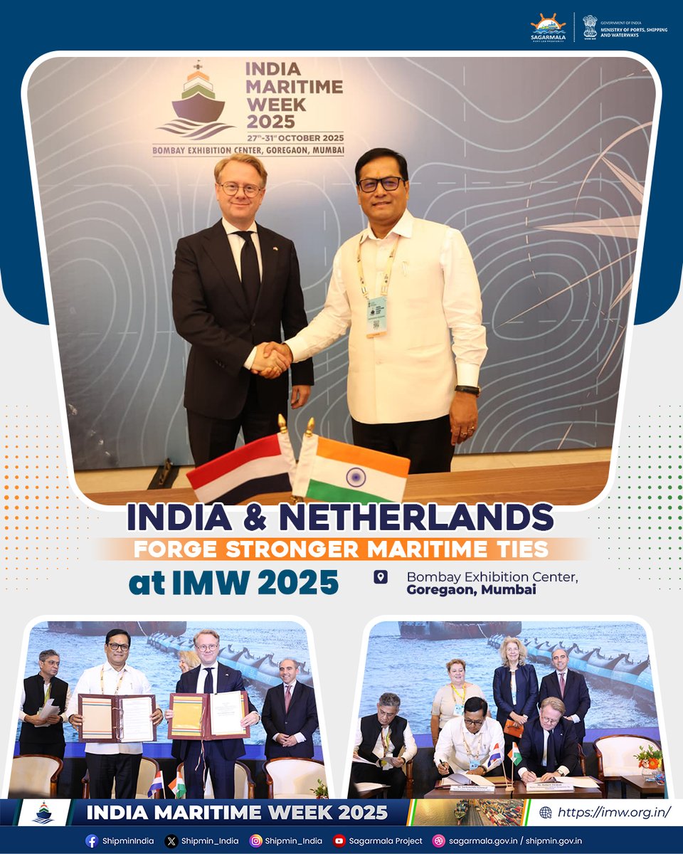 India–Netherlands Partnership at IMW 2025!

A bilateral meeting was held between Shri Sarbananda Sonowal, Hon’ble Minister of Ports, Shipping &amp; Waterways, and Mr. Robert Tieman, Minister of Infrastructure and Water Management, Government of the Netherlands. 

On the occasion,