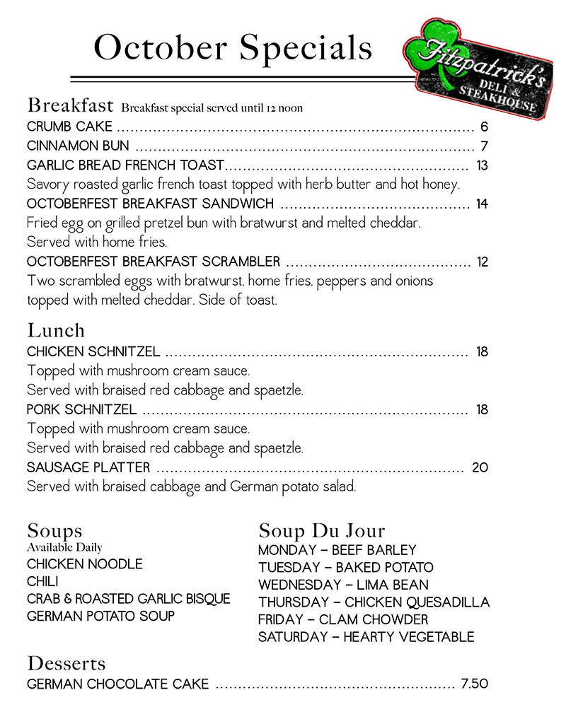FitzDeli's tweet photo. This is the LAST WEEK for our Daily Octoberfest specials, so make sure you stop by and get your plate before they're gone for the year! These breakfast and lunch specials are all about Octoberfest and are perfect for getting you into that fall mood! https://t.co/jRkOGw6YvD