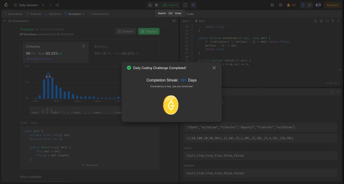 like_backspace's tweet image. Another day, another challenge conquered. 161/1000 days of code strong. 💪
When your Bank class logic handles multiple operations and the Output perfectly matches the Expected result, you know the code is flawless. Next challenge, please.
#1000DaysOfCode  #LeetCode