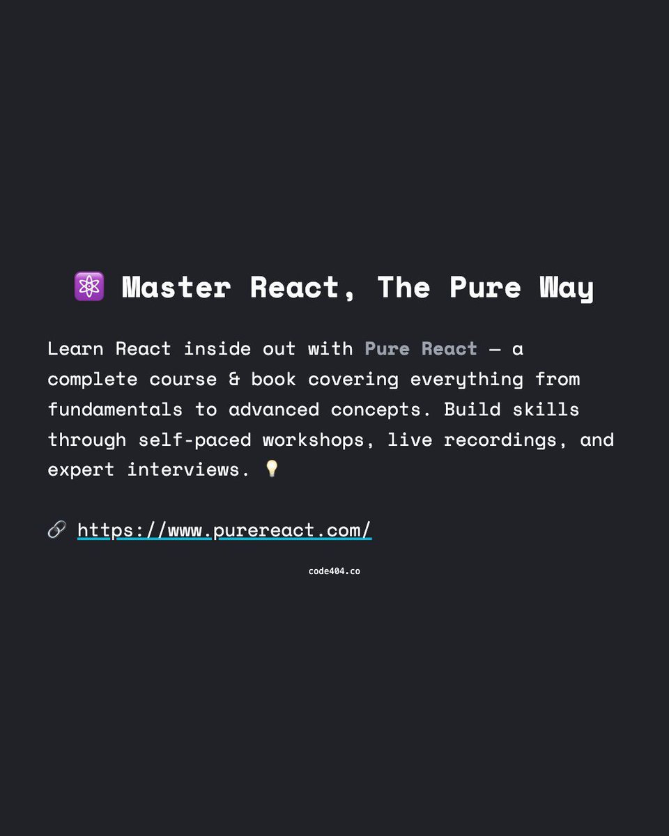 code404_co's tweet image. ⚛️ Master React, The Pure Way

Learn React inside out with Pure React — a complete course &amp;amp; book covering everything from fundamentals to advanced concepts. Build skills through self-paced workshops, live recordings, and expert interviews. 💡

🔗 buff.ly/z9qBJJD

#ReactJS