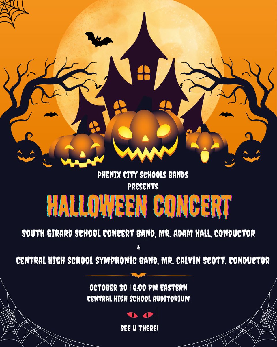 🎃🎶 Join us for a spooktacular Halloween Concert on Oct 30 at 6 PM, Central High Auditorium! Enjoy thrilling tunes from the South Girard Concert Band &amp; Central High Symphonic Band! 🎵🧡 We can’t wait to see you! #HalloweenConcert  #PhenixCitySchools