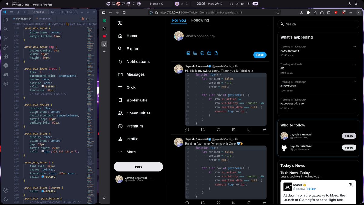 jayeshbCode_'s tweet image. Day 2- Made widgets for x-twitter clone.
what i did today:
-added sidebar profile
-added widgets
-embedded posts
Working on responsive design now. 
(tbh its almost done, just need to polish something)
#buildinginpublic #CodingChallenge #CodingJourney #learningtoearning #code