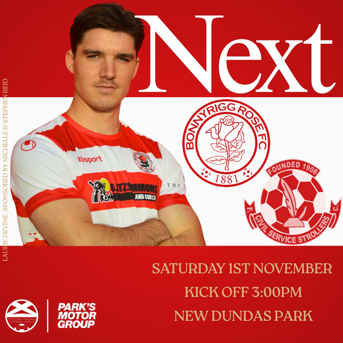 ⚽️Next Up⚽️

🆚 Civil Service Strollers 
🏆 Park’s Motor Group Lowland League
📆 Saturday 1st November
🕒 Kick-Off: 3:00pm
🏟 New Dundas Park   

🎟 𝗕𝗲𝗮𝘁 𝘁𝗵𝗲 𝗤𝘂𝗲𝘂𝗲! Buy your ticket online!👇
tinyurl.com/5n78cpa7
💷 Pay at the gate also available
🎫 Prices:
•