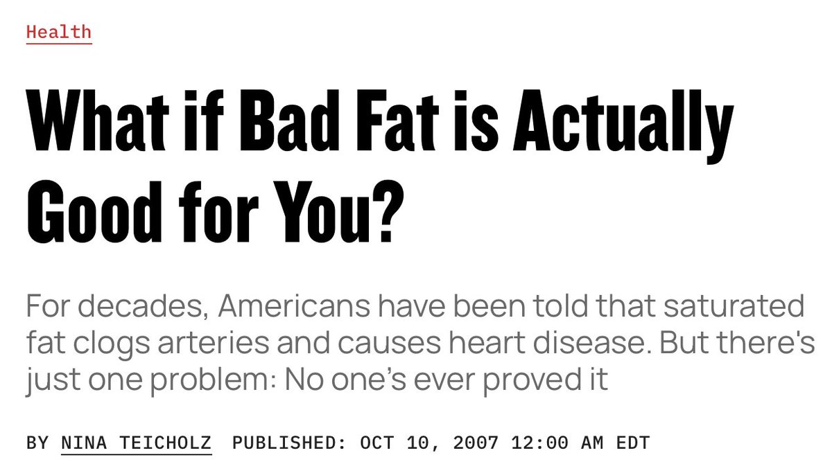 Saturated fats are back in the news! This, I believe, was the first mainstream media article (2007) arguing that saturated fats don't cause heart disease. <a href="/MensHealthMag/">Men's Health Mag</a> (paywalled)
I cite Tufts' D. Mozzaffarian saying, "In the nutrition field, it's very difficult to get