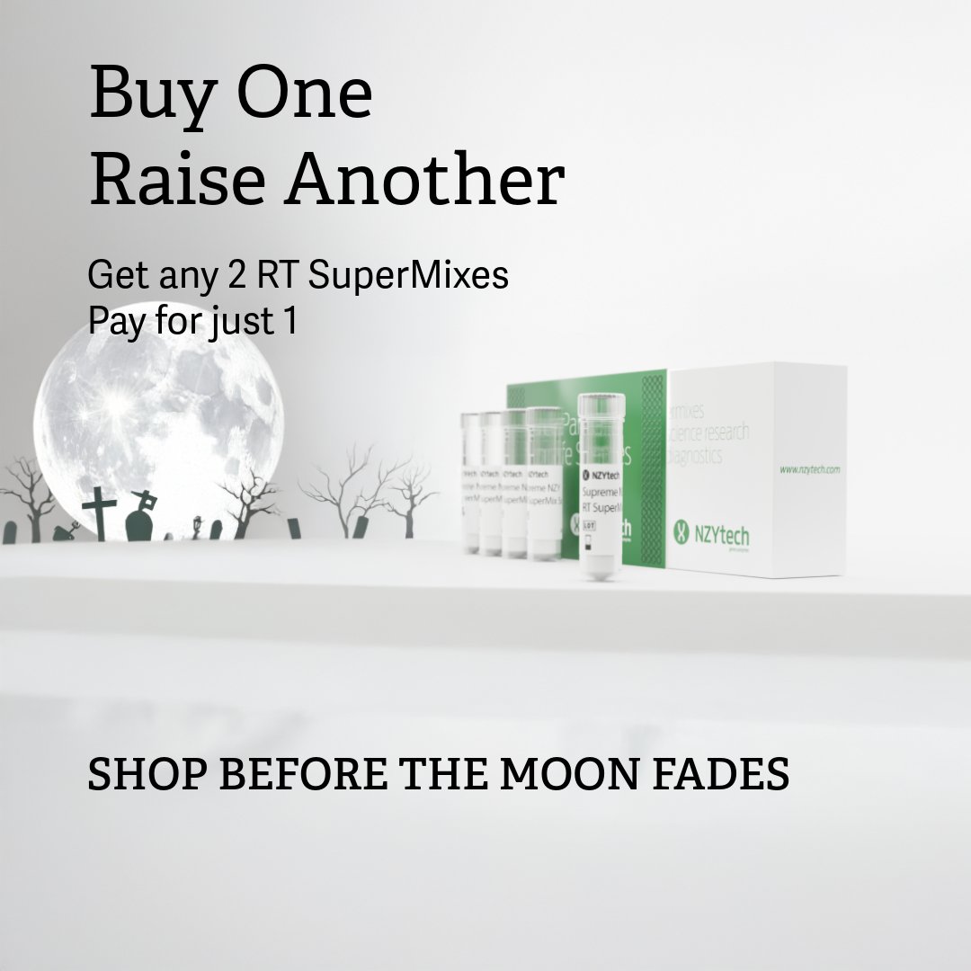 This Halloween, get any 2, pay for 1  on NZY RT SuperMix &amp; Supreme RT SuperMix 5x.

The trusted mixes for efficient, reliable reverse transcription.

Just add to cart until October 31st, and offer automatically applies.