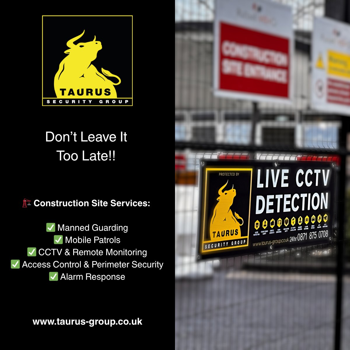 SecurityTaurus's tweet image. Our construction security teams provide:
 🔹 24/7 manned guarding
 🔹 Mobile patrols and rapid response
 🔹 CCTV and remote monitoring
 🔹 Access control and perimeter protection
🦺 Stay secure. Stay on schedule. Stay protected with Taurus.📧info@taurus-group.co.uk #sitesecurity
