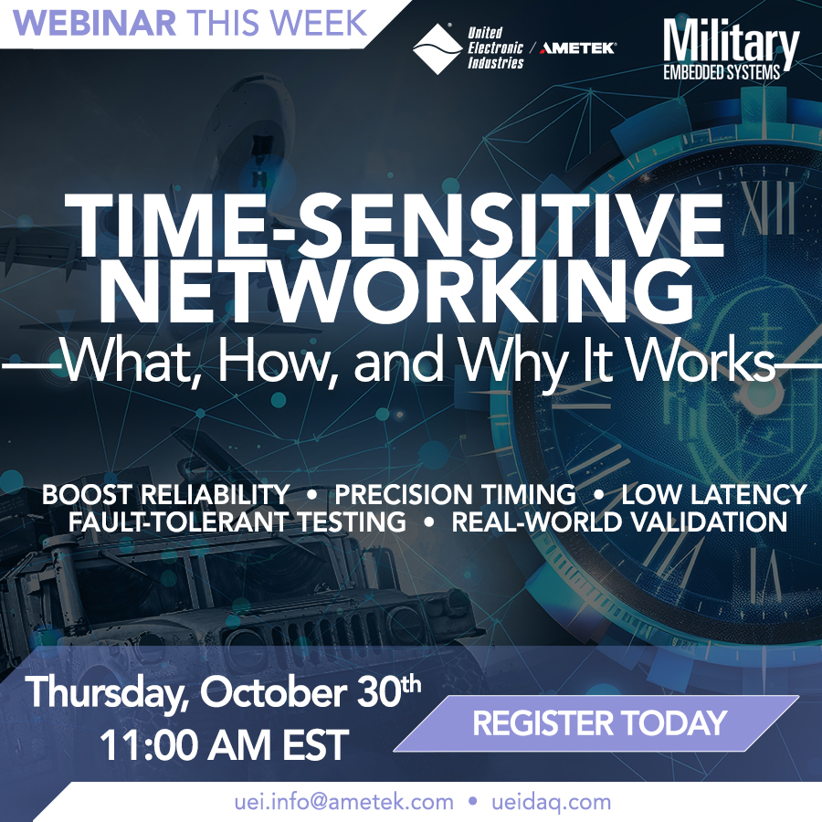 THIS THURSDAY: UEI + Military Embedded Systems explore Time-Sensitive Networking (TSN) &amp; its impact on real-time control systems. Learn how TSN boosts reliability &amp; fault tolerance in mil-aero. Register: ow.ly/PwVM50XilAZ

#TSN #ControlSystems #MilAero #UEI #EmbeddedSystems
