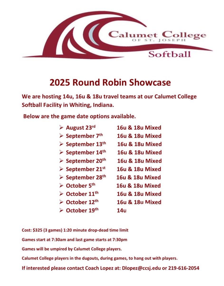 Attention 14u teams!!!  

On Oct 19th, our round robin was rained out.  We have rescheduled it for Nov 2nd.   

We have one open spot!  

If interested please contact coach Lopez at Dlopez@ccsj.edu or 219-616-2054